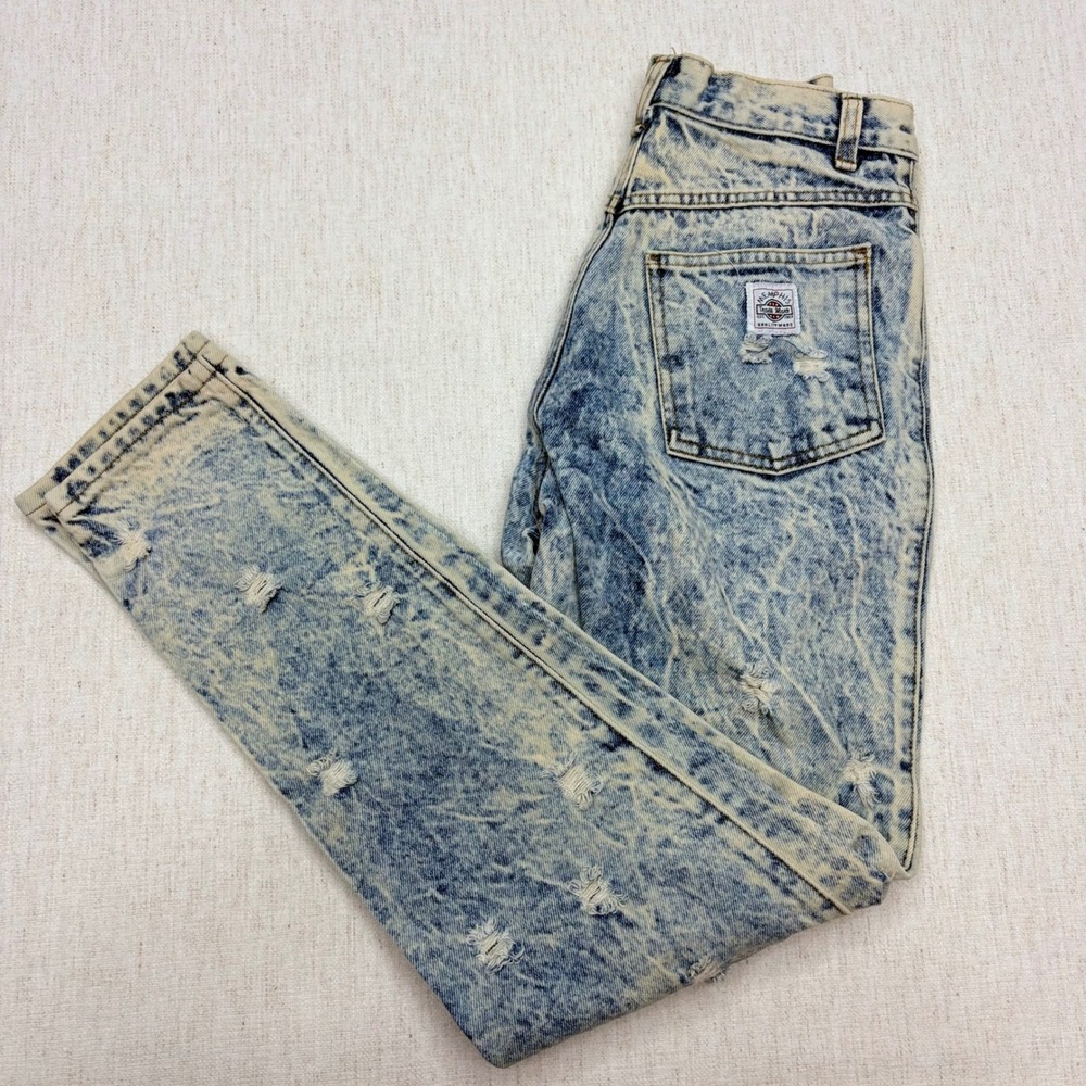 Vintage 80s Memphis Acid Wash Distressed High Rise Tapered Jean Made in USA SZ 7